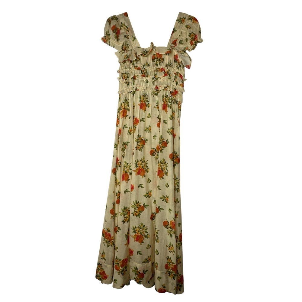 Doen Clarinet Maxi Dress Women Small Floral Orange Smocked Short Sleeve Romantic - Picture 4 of 14
